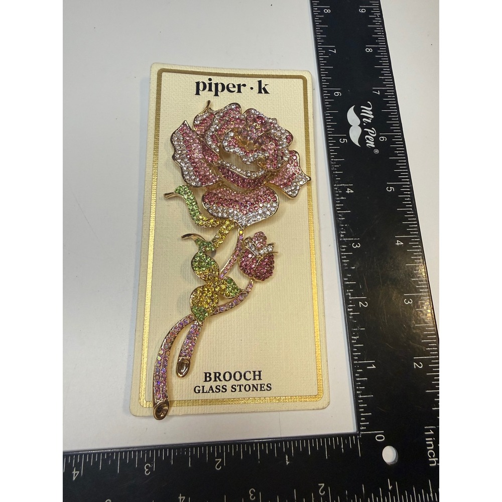 Piper K Rose Brooch Pink Green Glass Stone Gold Tone Floral Statement Pin New‎